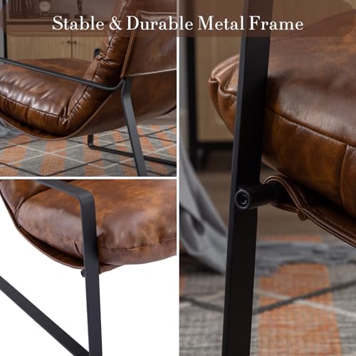 1-Pack Brown PU Leather Accent Chair, Modern Living Room Chair | Comfy Armchairs, Upholstered Lounge Armchair, Removable Seat Cushion, Black Metal Frame, For Reading Room, Bedroom, Balcony - color: Brown-black Legs, size: 1PC