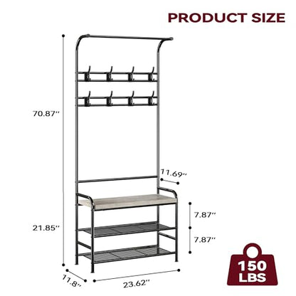 4-in-1 Hall Tree with Shoe Storage Bench, Entryway Coat Rack with 8 Hooks, Hanging Bar & Storage Shelves, Narrow Mudroom Organizer Bench for Entryway, Hallway, Living Room, Coat Rack Bench, Gray