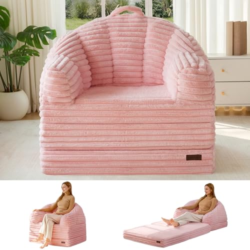 MAXYOYO Folding Sofa Bed Chair, Sleeper Chair for Adults, Faux Fur, Single | 2-in-1 Fold-Out Chair Bed, Convertible Floor Lounger with Carry Handle for Reading or Relaxing, Pink - color: Pink