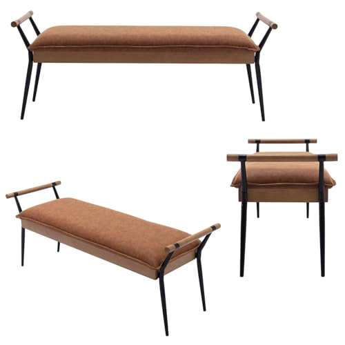 DUOMAY Modern PU Ottoman Bench with Arms & Metal Legs, Brown | Mid Century Rectangle Bench Footstool Dining Bench Entryway Shoe Bench For Bedroom Living Room - color: Brown