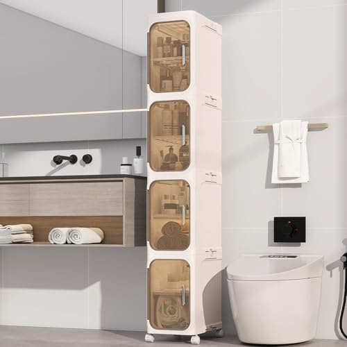 4 Tier Slim Bathroom Storage Cabinet, Foldable and Movable, Beige | Tools Free, ABS and PET, Magnetic Clear Door, Adjustable Shelves, Lockable Wheels, Water Resistant, For Narrow Space - color: Beige, size: 4 Tiers