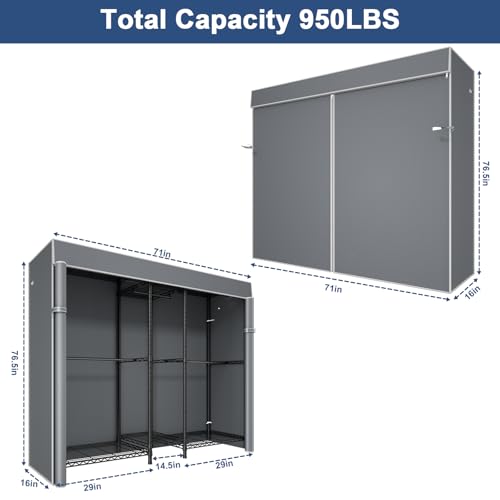 E12C Pro Heavy Duty Closet Organizer System，Freestanding Clothing Racks for Hanging Clothes，Adjustable Garment Rack 71"W x 16"D x 76.5"H Hold 960lbs，Black Clothing Rack with Grey Dustproof Cover - color: Black Rack With Grey Cover, size: E12C Pro
