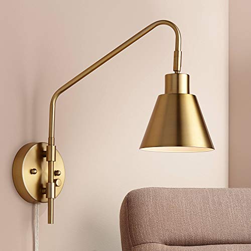 360 Lighting Marybel Brass Adjustable Downlight Swing Arm Plug-in Wall Lamp | Dimmable Antique Light Fixture Shade for Bedroom Bedside House Reading Living Room Home Hallway Dining Kitchen