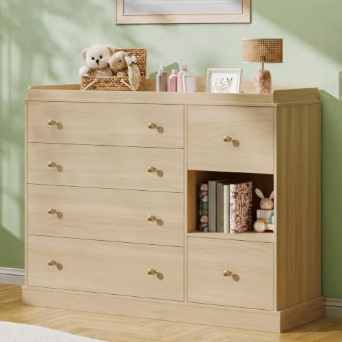 Kids Dresser Cabinet with 6 Drawers, Changing Table for Nursery with Shelf, Multi-Functional Chest of Drawers, Kids Bedroom Furniture, Nightstand for Children's Room, Natural - color: Natural