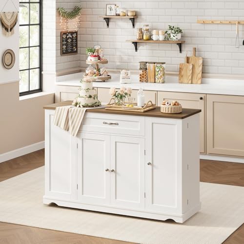 HOSTACK 47" W Kitchen Island Cart with Storage, Rolling Island Table, White | Mobile Kitchen Storage Islands on Wheels with 2 Drawers, Adjustable Shelves, Movable Buffet Cabinet for Dining room - style: White + Rustic Brown