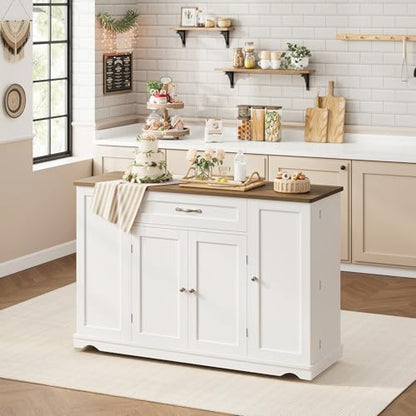 HOSTACK 47" W Kitchen Island Cart with Storage, Rolling Island Table, White | Mobile Kitchen Storage Islands on Wheels with 2 Drawers, Adjustable Shelves, Movable Buffet Cabinet for Dining room - style: White + Rustic Brown
