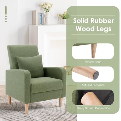 COLAMY Mid-Century Modern Accent Chair, Fabric Upholstered Living Room Chair with Back Pillow & Solid Wood Legs, Comfy Armchair for Living Room, Bedroom, Single Sofa, Green - color: Green, size: Set of 1