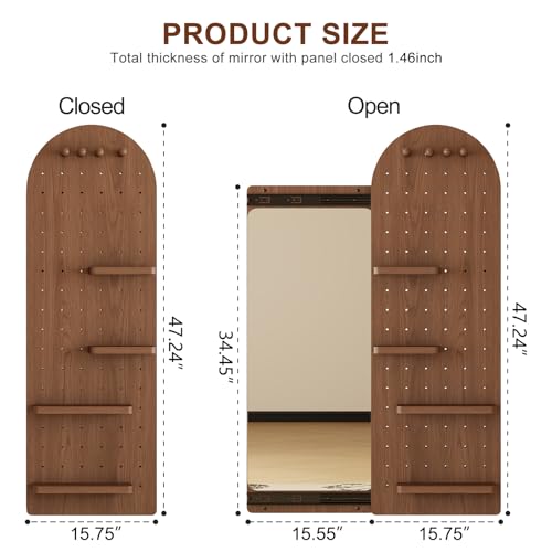 KungFuWood Full Length Mirror with Shelf and Hooks,Entry Way Mirrors for Wall,Wall Mirror with Shelf,Wall Mirror with Storage Multifunctional Design Panel,Living Room (Deep Walnut, 52.4" L x 19" W) - color: Deep Walnut, size: 63"L x 18"W