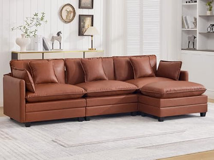 111'' Sectional Cloud Deep Seat Couch, Modern Comfy Leather L Shaped Sectional Sofa for Living Room Set, Upholstered Modular 4-Seats Sofa Couch with 1 Movable Ottoman, Leather Brown - color: Pu-dark Brown, size: 111'' L Shape