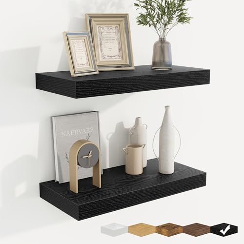 fuqing Floating Shelves for Wall, Wall Mounted Wood Floating Shelf with Invisible Brackets for Living Room, Bathroom, Bedroom, Kitchen Storage and Decor, 16 Inch Set of 2, Black - color: Black, size: 16"W x 6.5"D , 2 Pack