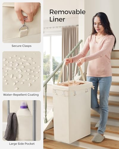 SONGMICS Laundry Basket with Wheels, Rolling Laundry Hamper, 23.8 Gallons (90 L), Removable Liner, Steel Frame with Handle, 24 x 11.4 x 31.9 Inches, Cream White URLS003W01 - color: Cream White, size: 90 L (1-Section)