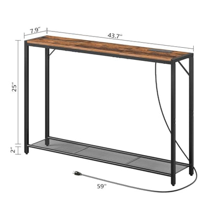 MAHANCRIS 43.7" Console Table with Outlet, Narrow Sofa Table with 2 Shelf | 2 Tier Behind Couch Table, Charging Station, Steel Frame, for Entryway, Living Room, Foyer, Hallway, Office, Rustic Brown - color: Rustic Brown