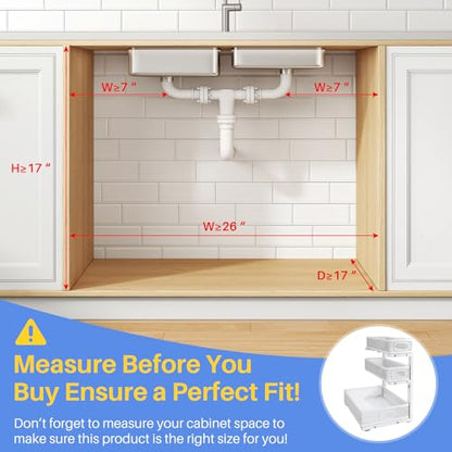 Under Sink Organizer, 3-Tier Thickened Metal Pull out Cabinet Organizer Shelf, Height Adjustable Slide out Storage Drawer Rack for Kitchen Bathroom Pantry Laundry Home Organization, 1-Pack, White | 35% Extra Storage Capacity, Carbon Steel, Hold Up 55lbs,