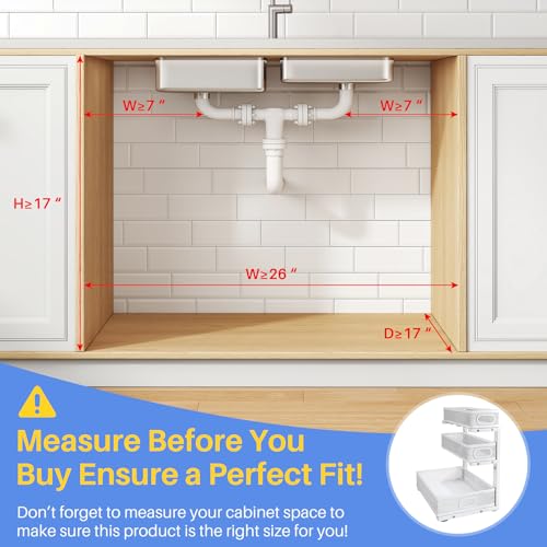 Under Sink Organizer, 3-Tier Thickened Metal Pull out Cabinet Organizer Shelf, Height Adjustable Slide out Storage Drawer Rack for Kitchen Bathroom Pantry Laundry Home Organization, 2-Pack, White | 35% Extra Storage Capacity, Carbon Steel, Hold Up 55lbs,