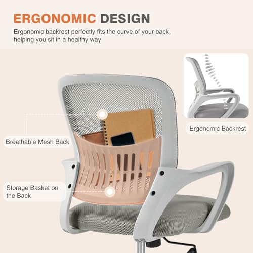 Sweetcrispy Computer Desk Chair, Mesh Office Chair, Lumbar Support, Grey | Ergonomic Mid-Back, Adjustable Height, 360° Swivel Wheels, Comfy Arms, Bedroom Study, Managerial Executive - color: Grey, size: 23 Inch