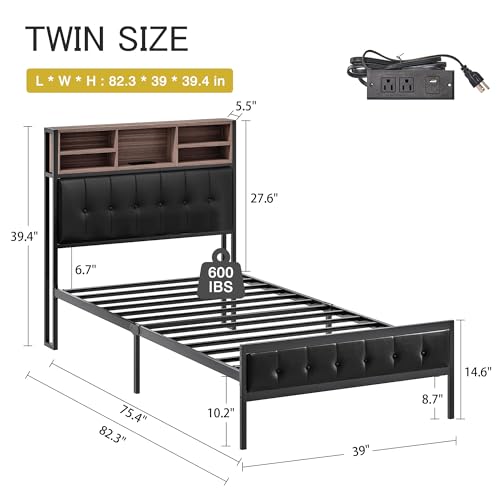 VECELO Farmhouse Metal Bed Frame Twin Size with Wooden Headboard & Footboard, Solid Platform Mattress Foundation with Storage, LED Light, Charging Station, USB Ports, Noise-Free, Easy Assembly, Black - size: Twin