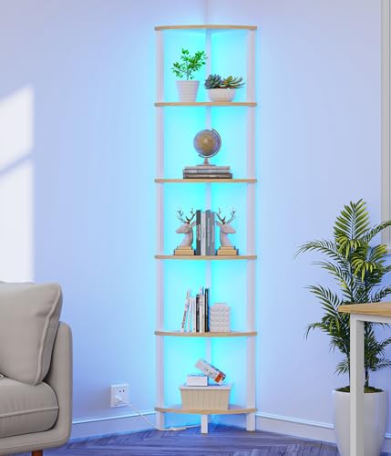 VIMBER 6-Tier Corner Shelf with LED Light, Industrial Corner Ladder Shelf, Rustic Display Shelf for Living Room, Bedroom, Kitchen, Home Office, Sturdy Frame, White and Nature Wood Color UJSJ002Q - color: White and Nature Wood, size: 6-Tier with LED