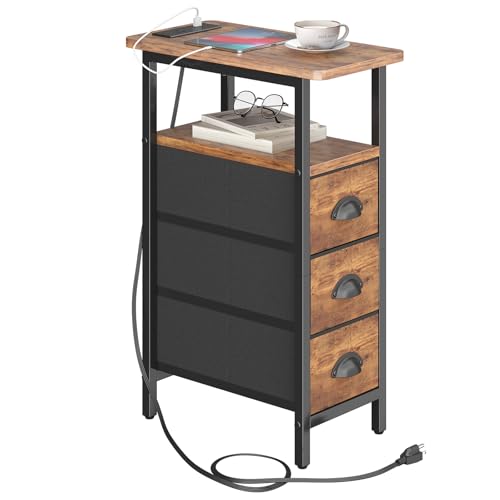sthmec End Table with Charging Station,Narrow Side Tables with USB Ports and Outlets,Skinny Bedside Tables with 3 Drawers,Small Nightstands for Small Space,Slim Sofa Table for Livingroom,Rustic Brown - color: Rustic Brown, size: 7.88'' W*15.75'' D*24.3''
