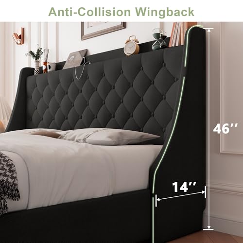Feonase Upholstered King Size Bed Frame with 4 Storage Drawers, Large Wingback Headboard, No Box Spring Needed, Black - color: Black, size: King
