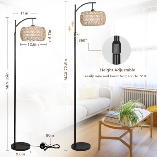 Arc Floor Lamp with Remote Control, Dimmable LED Floor Lamp with 3 Color Temperature, Black Standing Lamp with Rattan & Fabric Double Drum Shade, Boho Farmhouse Tall Pole Lamp for Living Room Bedroom - style: Bohemian