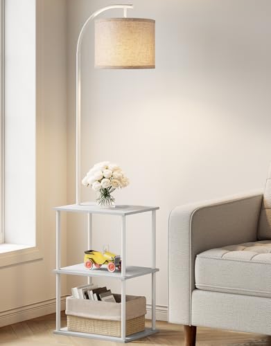 Floor Lamp with Table, Night Stand with Lamp, Narrow Side Table with 3CCT LED Bulb, Small Coffee Table, Modern End Table with Storage Shelves for Living Room Bedroom Home Décor, White - color: White
