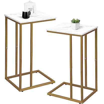 Possile C Shaped End Table Set of 2, Small Side Table for Sofa and Bed, Couch Tables That Slide Under, Snack Side Table for Living Room, Bedroom, White Faux Marble and Gold - color: Gold