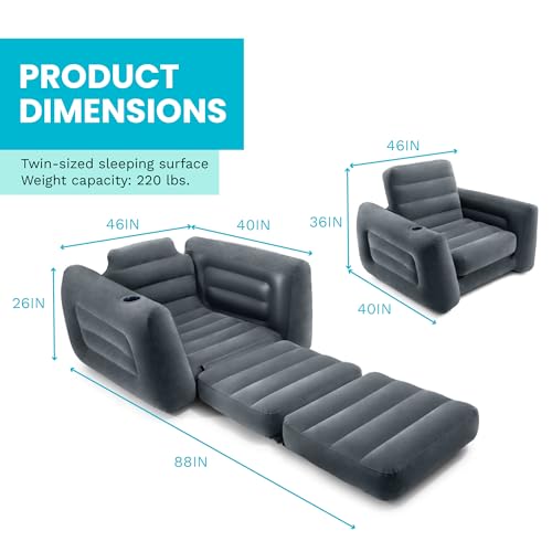 Intex Inflatable Pull-Out Sofa Bed with 2-Pack Lounge Chair and Ottoman Set | 66552EP Convertible Queen Airbed and 66551EP Portable Lounger for Bedroom, Dorm & Living Room (Pump Not Included)