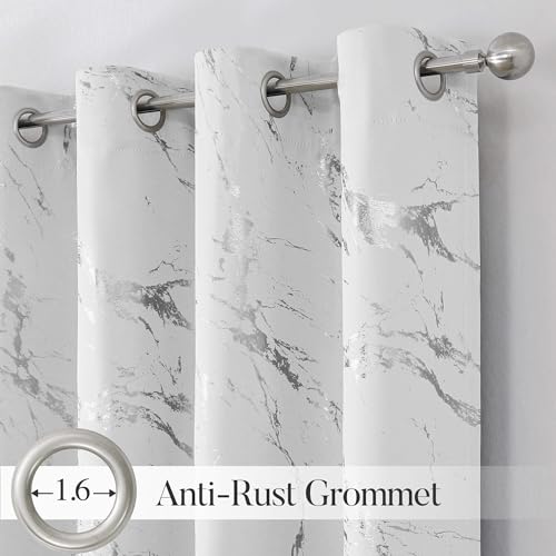 WUBODTI Silver Marble Blackout Curtains 108 inch Bedroom Grommet 2 Panels | Silver on white,metallic pattern,modern,abstract,thermal insulated, room darkening,living room,privacy,window treatments - color: Grey White and Silver, size: 52"W x 108"L (Pack o