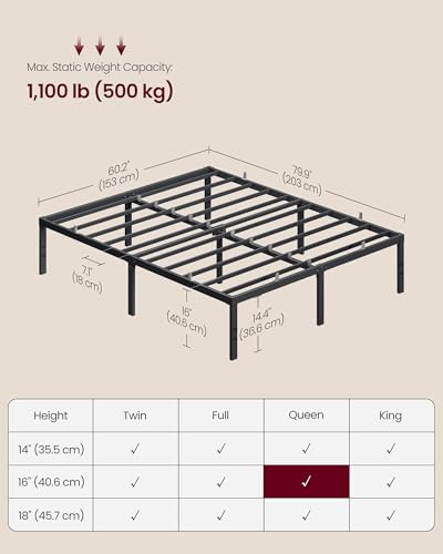 VASAGLE Queen Metal Bed Frame 16 Inches Tall, 1100 lb Weight Capacity, No Box Spring Needed, with Under-Bed Storage, Easy Setup, Heavy-Duty Platform Bed, Mattress Retainers, Matte Black URMB661BD02S - size: Queen, style: 16 Inch