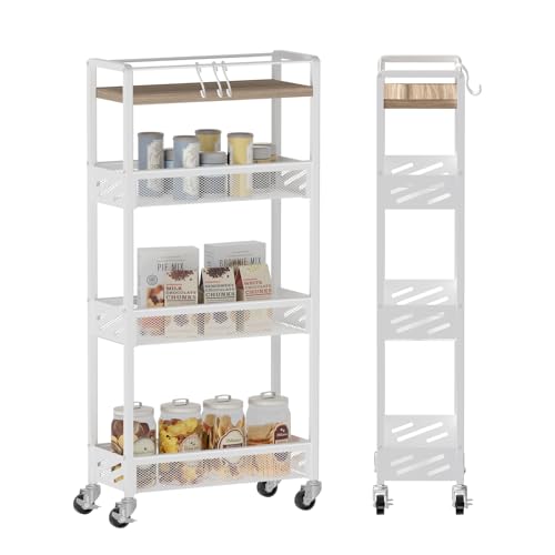 DGSNADGO Slim Rolling Storage Cart, 4-Tier Narrow Kitchen Cart with Wheels | Metal Mobile Snack Shelving, Skinny Rolling Spice Rack for Small Space in Kitchen, Living Room, Bathroom, Beige and White - color: Beige+white