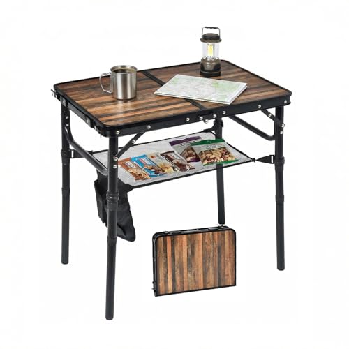 Small Folding Camping Table, 2ft Portable Picnic Table Aluminum 24" x 16" Folding Table, 3 Adjustable Heights Portable Lightweight Table Dining Table for RV, Picnic, Beach (Wood Grain) - color: Wood Grain