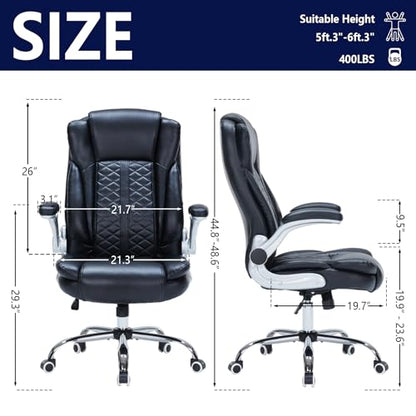 400lbs Executive Office Chair with Flip-Up Armrests, Big and Tall Computer Chair for Heavy People, Heavy Duty Ergonomic Comfy Chair, Breathable PU Leather (Black) - color: Black