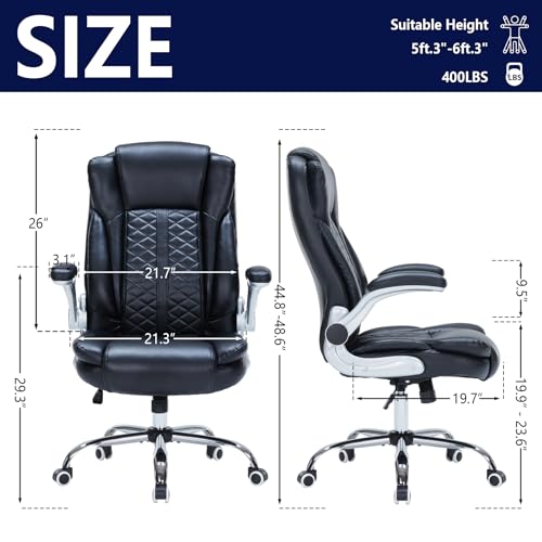 400lbs Executive Office Chair with Flip-Up Armrests, Big and Tall Computer Chair for Heavy People, Heavy Duty Ergonomic Comfy Chair, Breathable PU Leather (Black) - color: Black