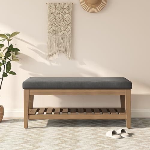 Apicizon 45" Shoe Rack Bench with Upholstered Cushion, Solid Rubberwood Entryway Shoe Bench, Modern Chenille Ottoman Bench with Storage for Hallway Bedroom Living Room Front Door Entrance, Dark Gray - color: Dark Gray