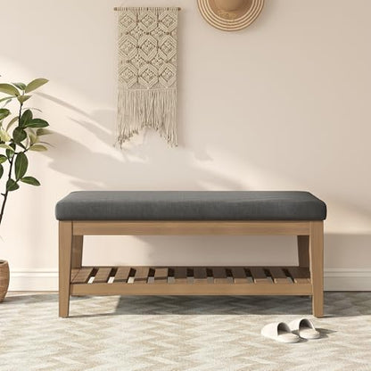Apicizon 45" Shoe Rack Bench with Upholstered Cushion, Solid Rubberwood Entryway Shoe Bench, Modern Chenille Ottoman Bench with Storage for Hallway Bedroom Living Room Front Door Entrance, Dark Gray - color: Dark Gray