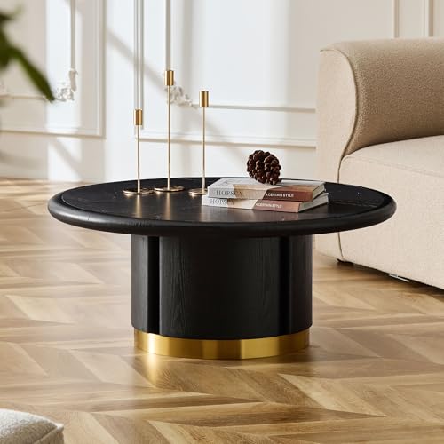 35.43" Round Coffee Table with Sintered Stone Tabletop & Cylindrical Stainless Base, Modern Circle Center Table Tea Table for Living Room, Easy Assembly - Black - color: 35.43" Coffee Table With Sintered Tabletop, Black