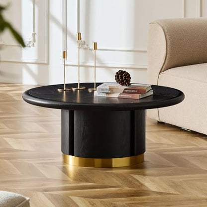 35.43" Round Coffee Table with Sintered Stone Tabletop & Cylindrical Stainless Base, Modern Circle Center Table Tea Table for Living Room, Easy Assembly - Black - color: 35.43" Coffee Table With Sintered Tabletop, Black