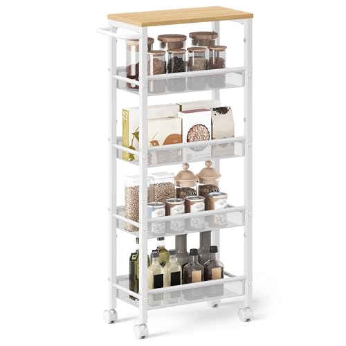 VASAGLE Slim Rolling Cart, 5-Tier Storage Cart, Narrow Cart with Handle, 8.7 Inches Deep, Metal Frame, for Kitchen, Dining Room, Living Room, Home Office, Oak Beige and Classic White ULRC035W09 - color: Oak Beige + Classic White, size: 5 Tiers (8.7"D x 39