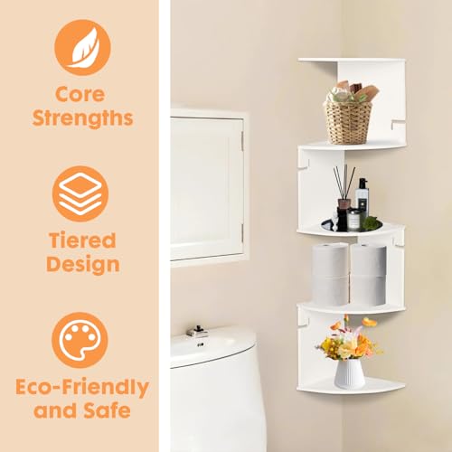 ShellKingdom Corner Shelf Wall Mount, 5 Tier Corner Bookshelf, Floating Display Shelves for Home, Living Room, Bedroom, Office, Bathroom, Small Spaces Decorations, 7.87 X 7.87 X 33.46 INCHES (White) - size: 5 Tier