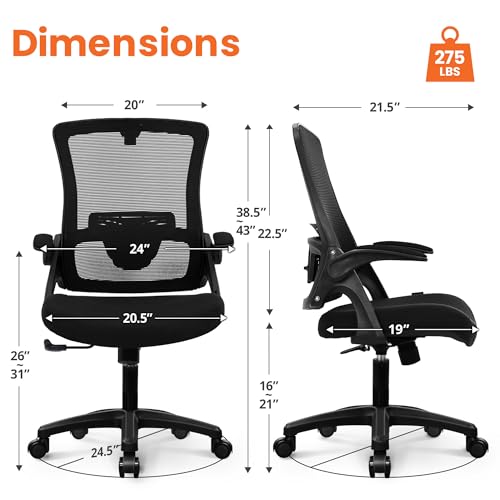 NEO CHAIR Office Desk Chair High Back Mesh Chair Adjustable Lumbar, Black | Ergonomic High-Back Design with Breathable Mesh, Flip-Up Armrests, Comfortable Support for Home office or Computer Work - color: Black