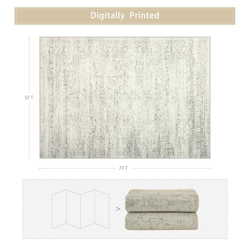 Washable Rugs 5x7 Area Rugs for Living Room,Bedroom,Dining Room-Beige Green | Ultra Soft Faux Wool,Kids&Pet Friendly,Machine Washable,Non-Slip&Non-Shedding,Large Low Pile Vintage Carpets for Home Office - color: Beige-green-grey, size: 5' x 7' (Rectangula
