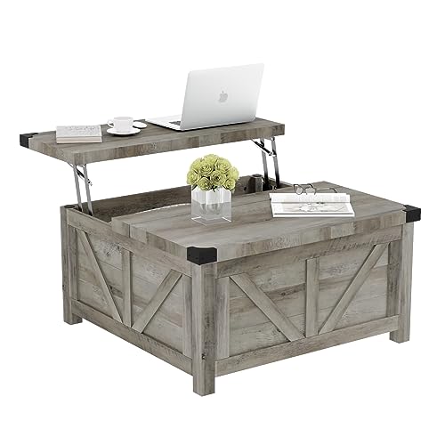 jimeimen Farmhouse Lift Top Coffee Table with Storage, Wood Square Center Table with Charging Station&USB Port, Living Room Table w/Large Hidden Space, for Living Room, Bedroom, Home Office, Grey - color: Grey