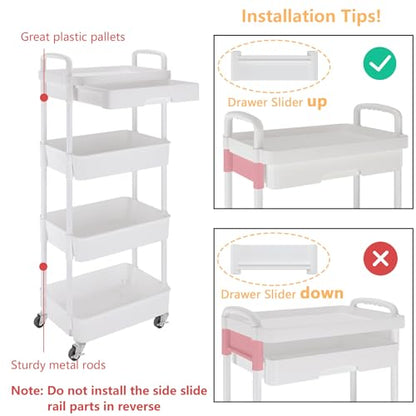 Calmootey 4-Tier Rolling Utility Cart with Drawer,Multifunctional Storage Organizer with Plastic Shelf & Metal Wheel,Storage Cart for Kitchen,Bathroom,Living Room,Office,White | Space-Saving Organizer, Sturdy Plastic Shelves, Smooth-Rolling Metal Wheels,