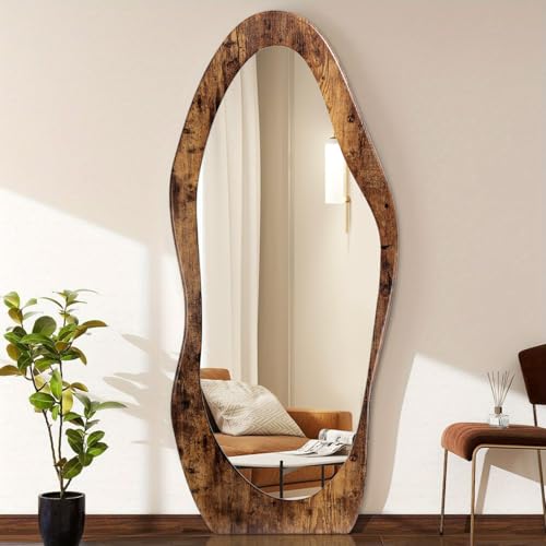 Full Length Mirror 59" x 24" Irregular Wall Mirrors Wood Framed Full Body Mirror Hanging or Leaning Against Wavy Floor Mirrors for Living Room Bedroom Entryway Bathroom Retro Brown - color: Dark Brown