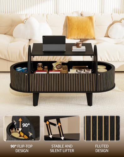 Oval Lift Top Coffee Table with Storage, Fluted 47" Wood Mid Century Modern Coffee Table for Living Room, Black - color: Black-oval (Flip Top)