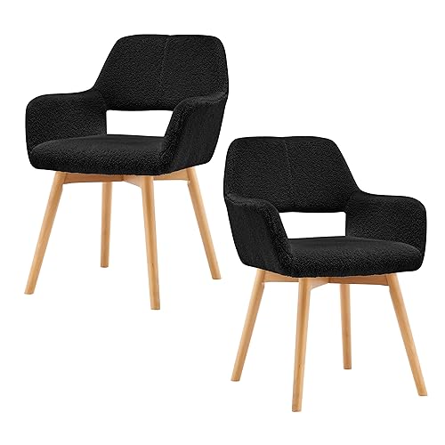 Mid Century Modern Dining Chairs Set of 2 & 4 & 6 Comfy Accent Chair Upholstered Kitchen Dining Living Room Chairs for Bedrooms Waiting Room Home Arm Desk Chair No Wheels (Wool Black, 2) - color: Wool Black