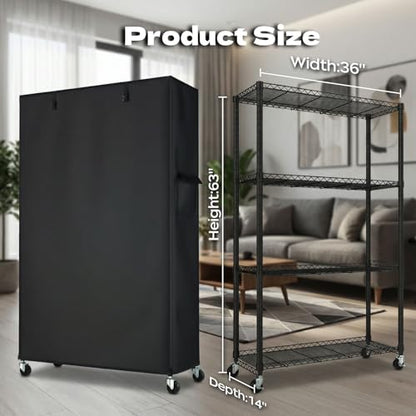 Storage Shelves with Cover & Wheels, 36" W x 14" D x 63" H | 4-Tier Wire Shelving with 600D Oxford cover, Rolling Metal Storage Shelf for dorm, pantry, kitchen or Closet - size: 4-Shelf 36"W x 14"D x 63"H W/Cover