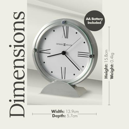 Howard Miller Simon II Tabletop Clock – Brushed Aluminum Finish, White Dial, Roman Numerals, Flat Glass Crystal, Interior Light