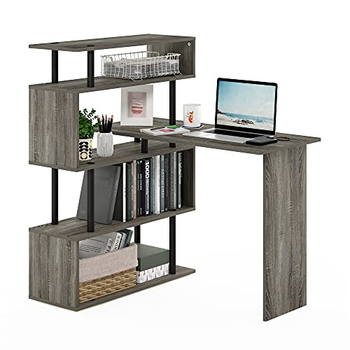 Furinno Classic Desk, 40" Wide L-Shape Gaming Desk, Computer Desk, Writing Desk with 5-Tier S-Shaped Side Shelves for Home Office, Study Room, Dorm, Bedroom, French Oak - color: French Oak/Black, style: 5-Tier Side Shelves