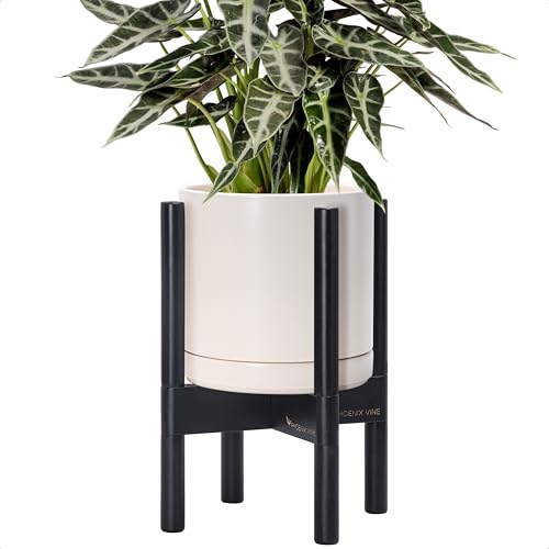 D'vine Dev Ceramic Pot with Ebony Wood Stand, Oatmeal, 8 in, 55-B-M-8 | Mid-Century Modern Design, Raised Plant Display, Solid Beech Wood Stand, Premium Craftsmanship, Sophisticated Home Decor - color: Oatmeal Pot + Ebony Stand, size: 8 Inch